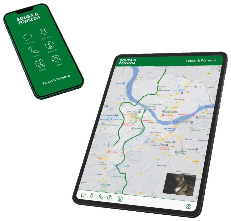 Aplicativo de rastreamento Sousa & Fonseca em tablet e celular, mostrando a rota no mapa